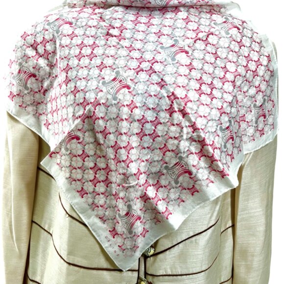 Celine Paris Mini Scarf/Handkerchief Cotton /Silk19.5"  Pink Gray Logo Print(67 - Picture 2 of 6